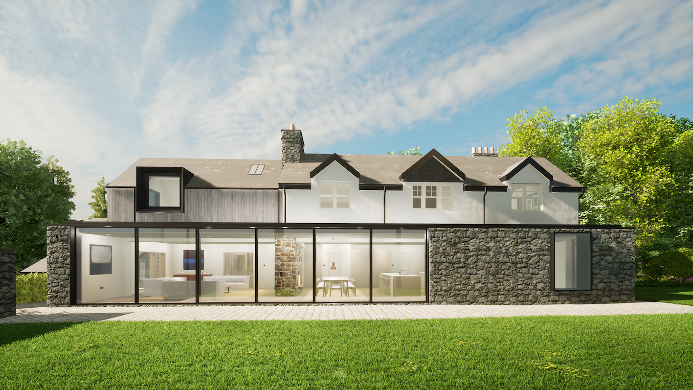 CGI Render of Eskdale House. The back of the building and garden